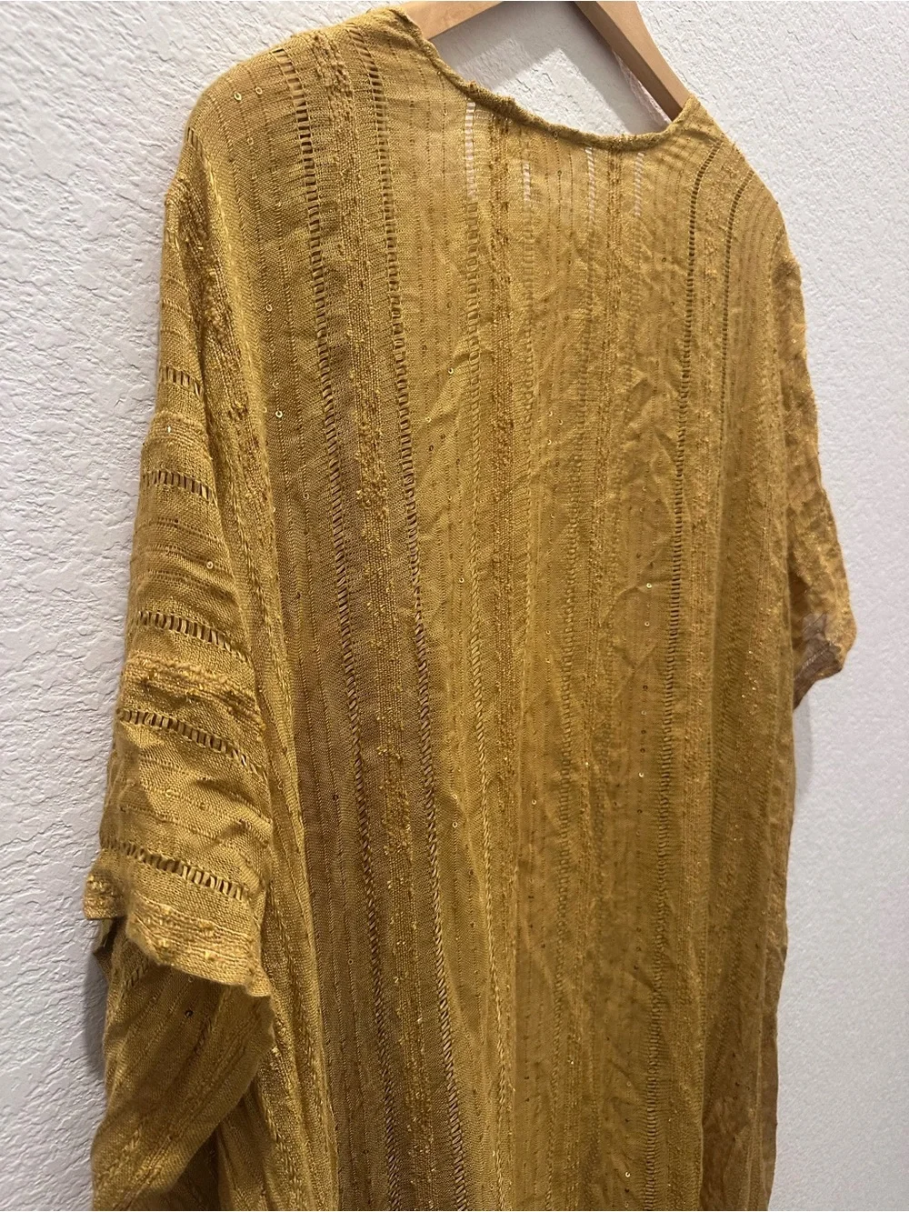 Free People Mustard Yellow Sequin Pointelle Open Front‎ Kimono Wrap OS